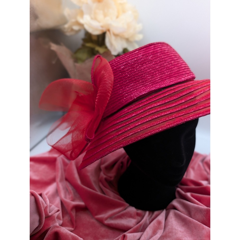 Io Giovanni Crimson Red Wide Brim Statement Derby Church Hat • Organza Bow